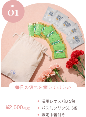 ギフト1　毎日の疲れを癒してほしい　浴用レオスパB５包　バスミンリンSD５包　限定巾着付き